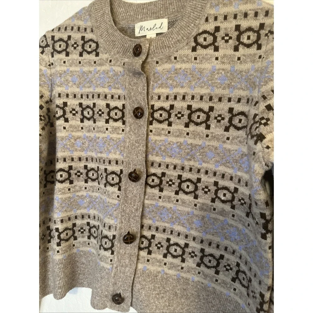 Marled Patterned Beige Brown Blue Button Up Cardigan Sweater Size Small - Picture 2 of 4